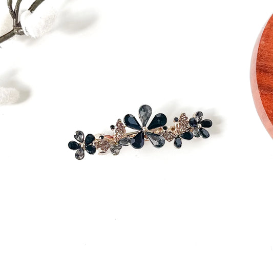 Noir black and smoky grey crystal flower barrette with butterflies, an elegant hair clip for buns
