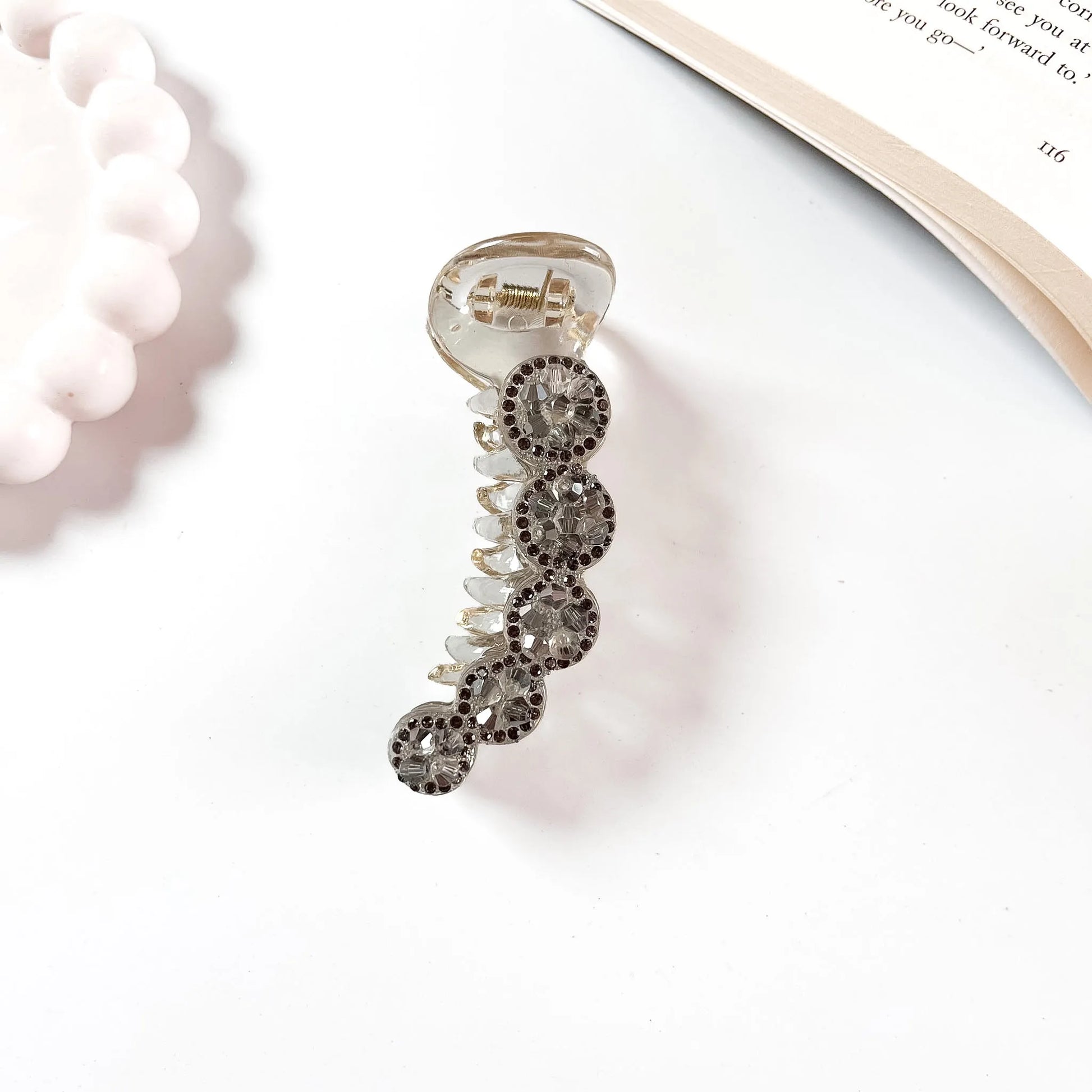 Medallion crystal banana clip smoke grey rhinestone clutcher
