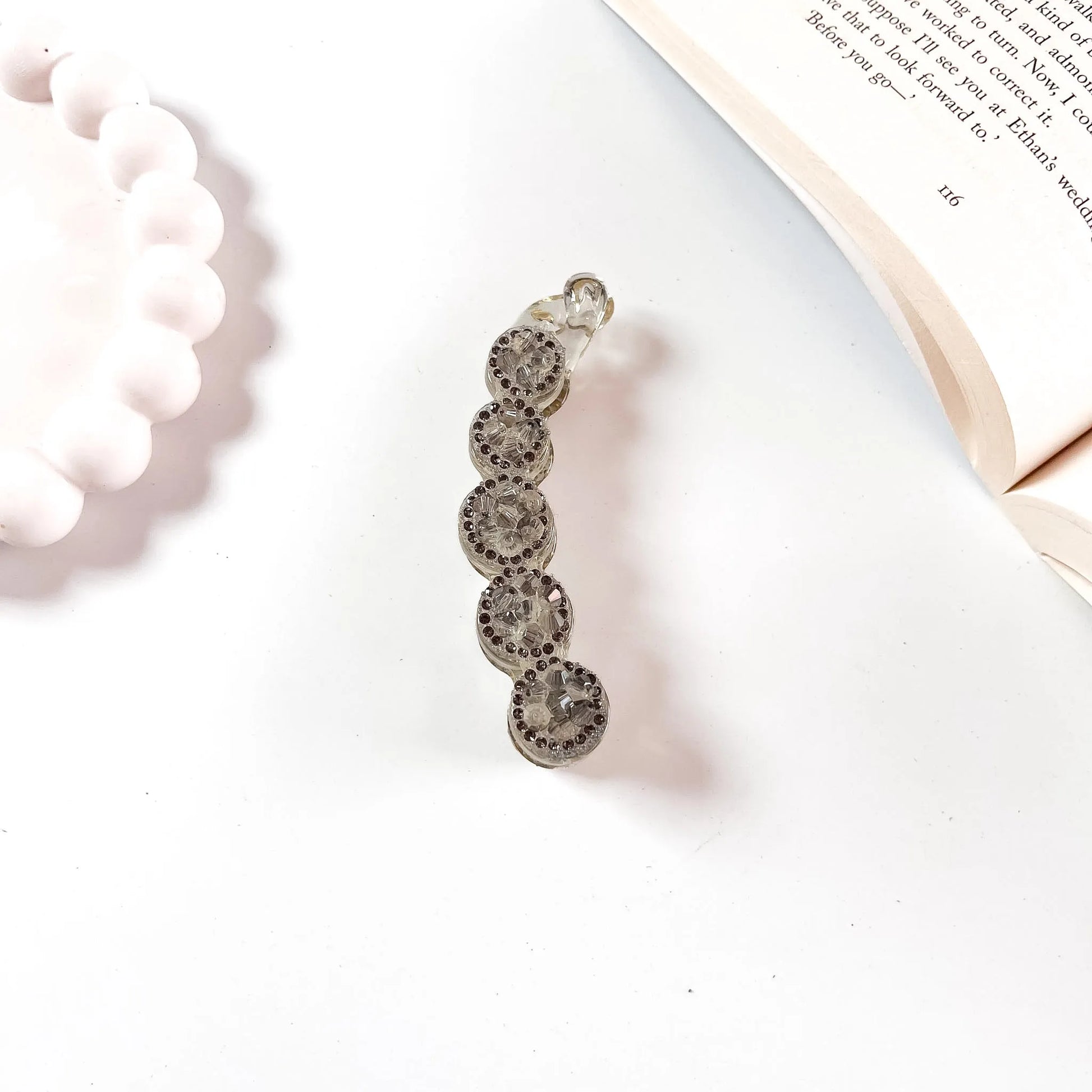 Medallion crystal lock banana clip smoke grey rhinestone