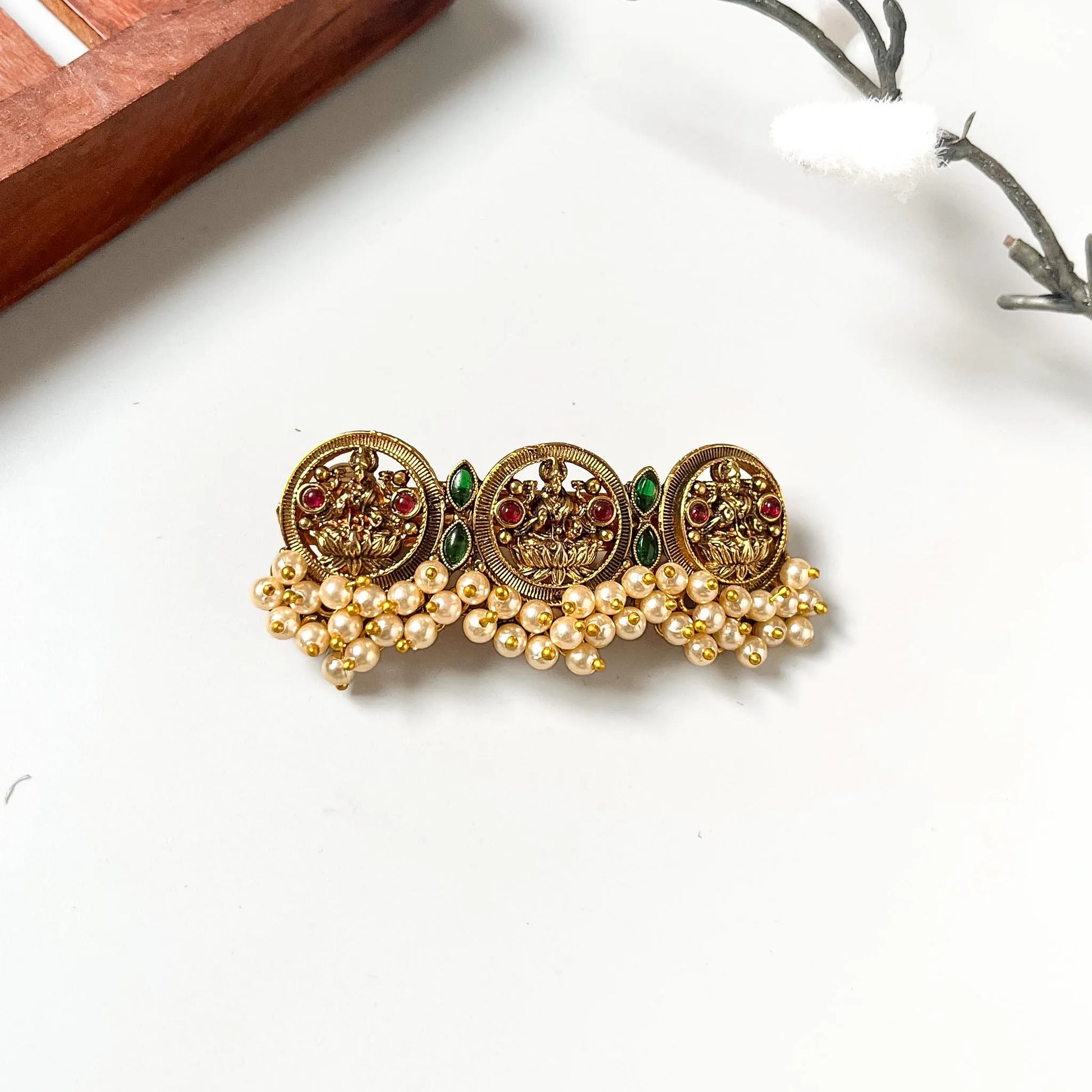 Mixed ruby and emerald three-medallion barrette with pearl cascading drops, vintage 4.5cm bridal hair clip