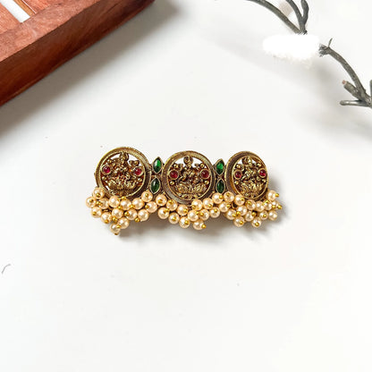 Mixed ruby and emerald three-medallion barrette with pearl cascading drops, vintage 4.5cm bridal hair clip