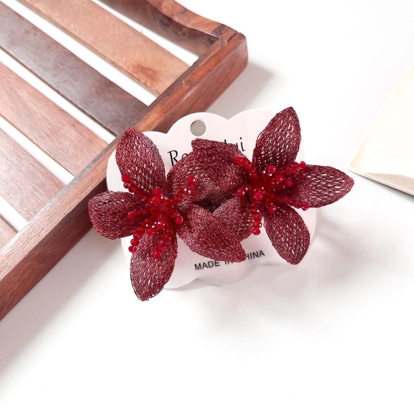 Ruby red mesh lily flower clip duo for hair