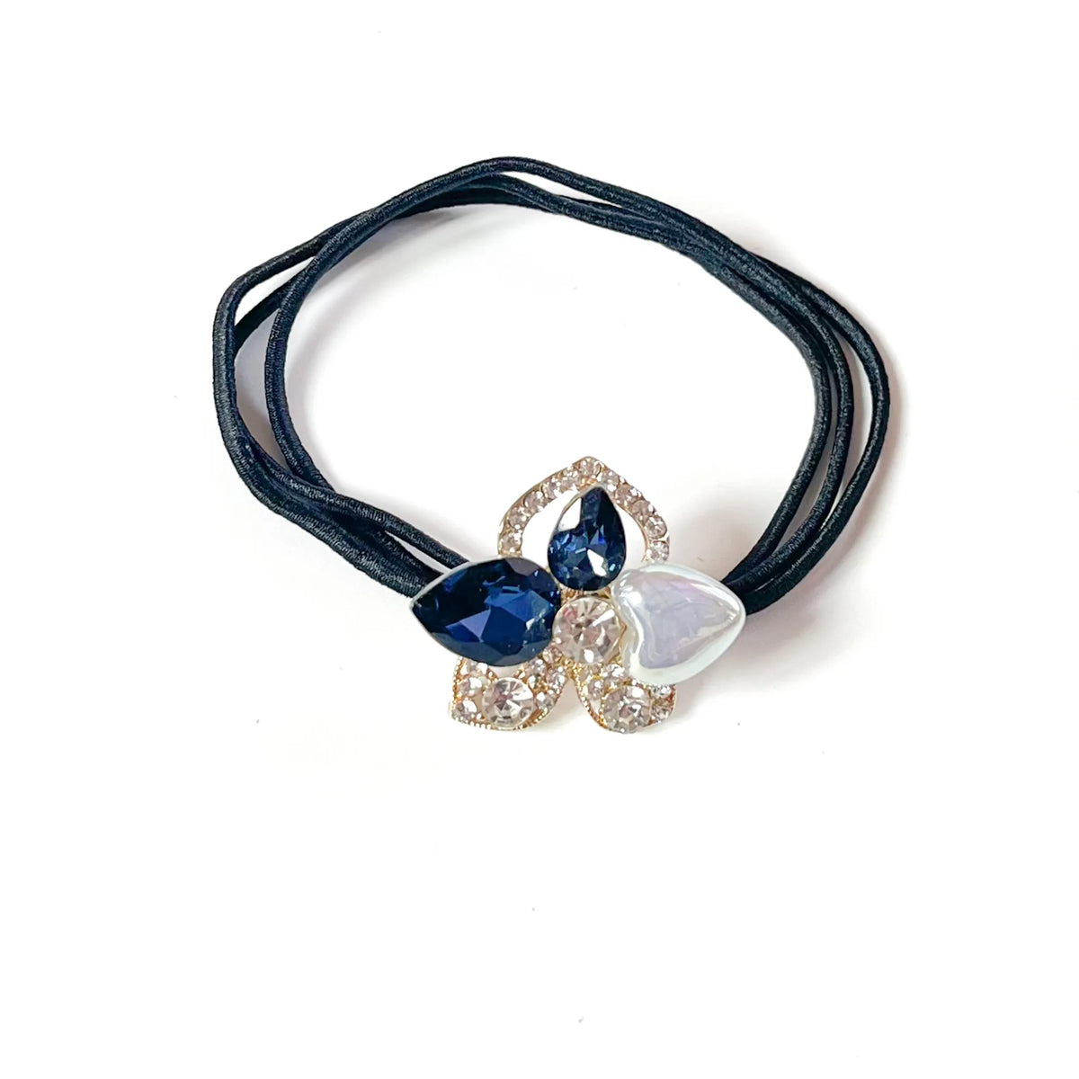 Midnight blue fancy hair tie with navy teardrop crystals and white pearl heart, rhinestone hair rubber band