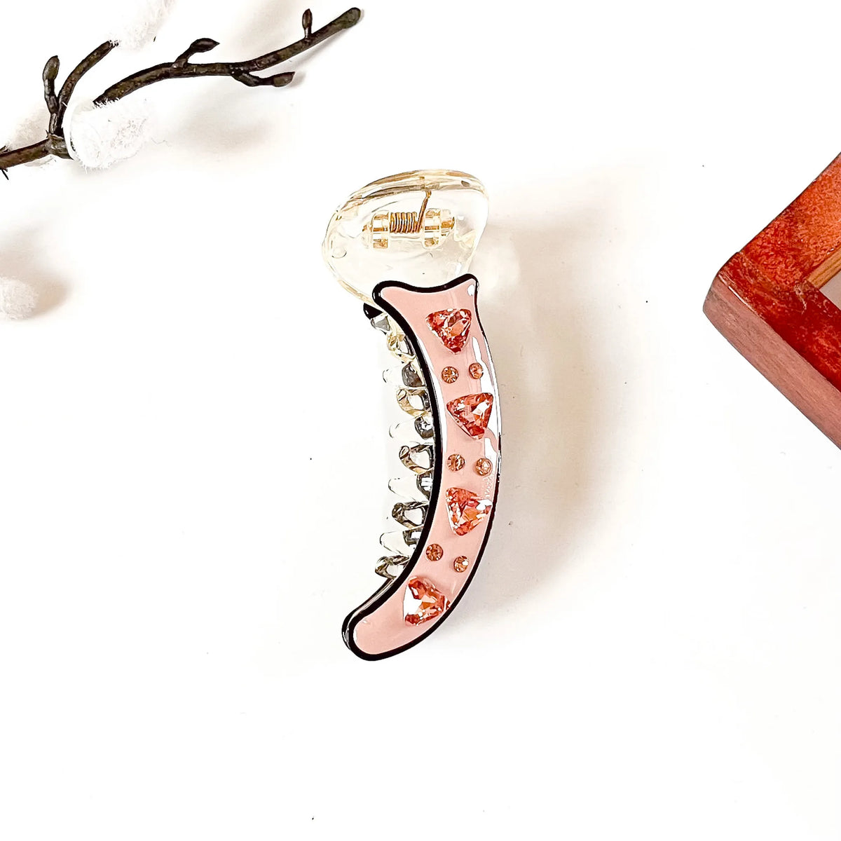 Blush pink banana clip with coral crystal stones and black outline, 8 cm fancy banana clip