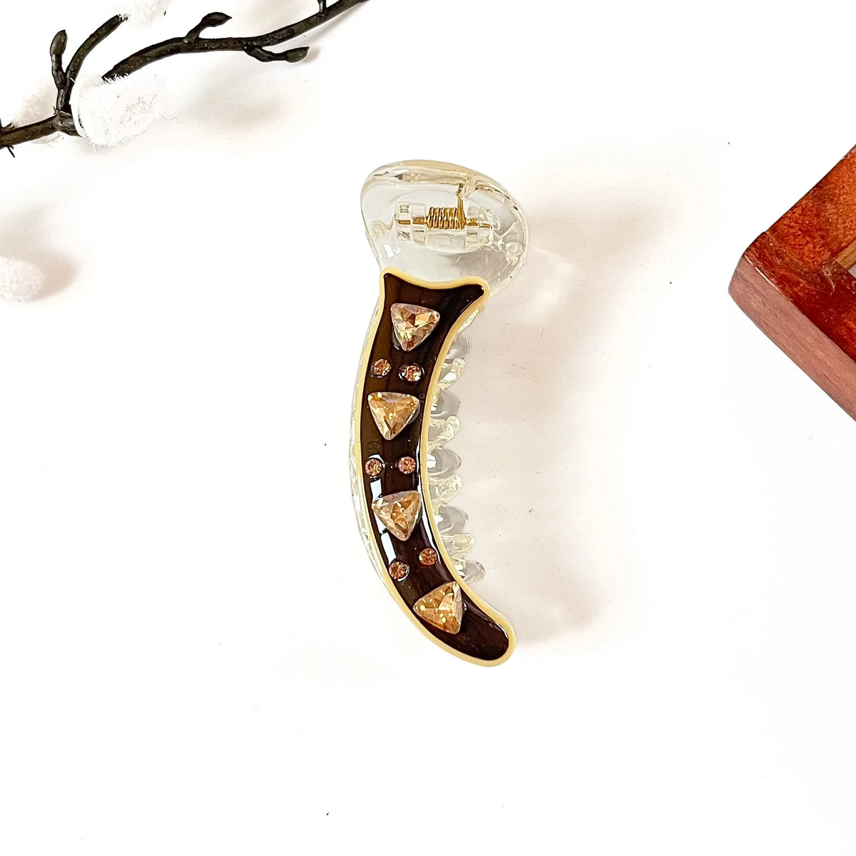 Cocoa brown banana clip with champagne crystal stones, 8 cm banana clip with stones
