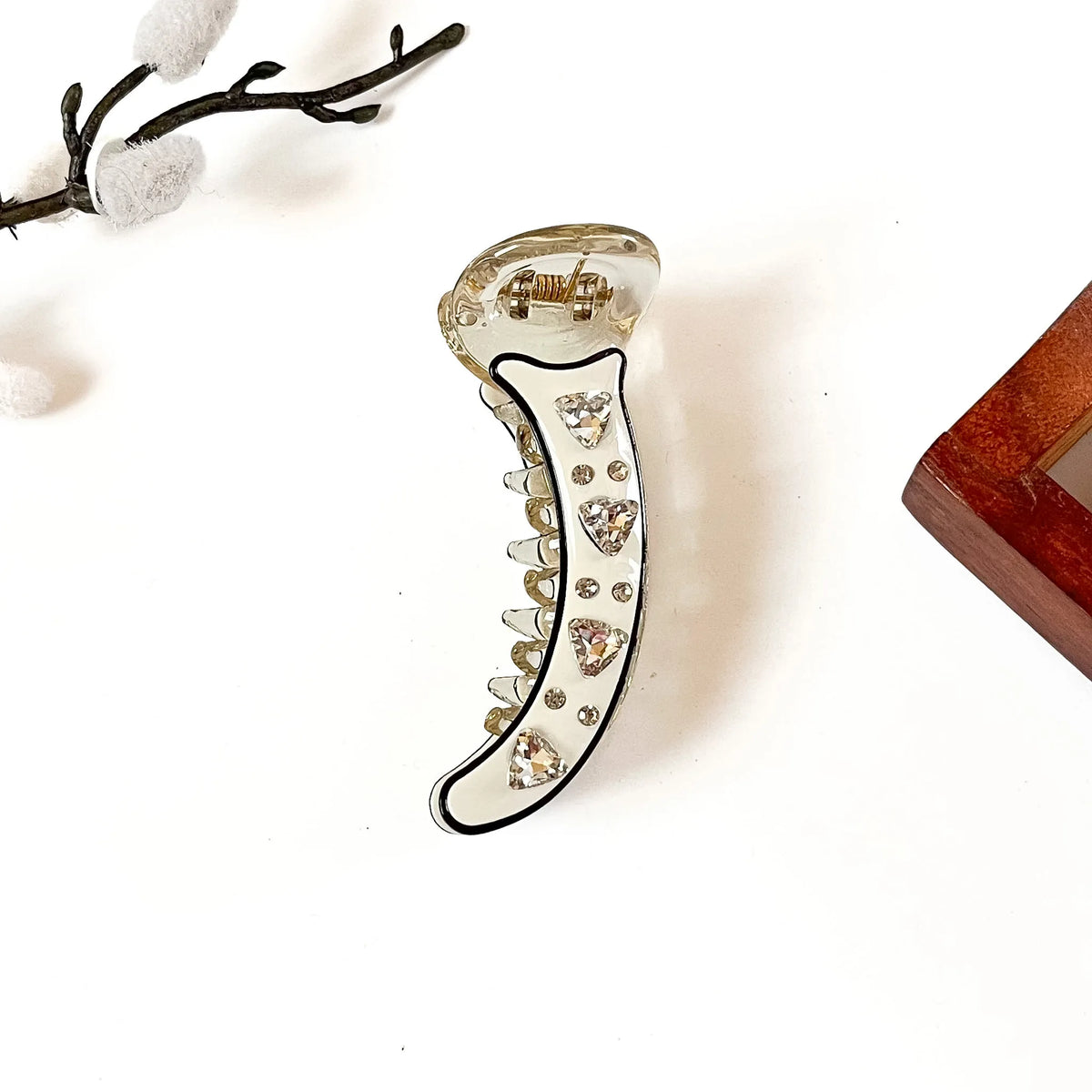 Ivory white banana clip with triangle crystal stones and black outline, 8 cm stone banana clip for medium hair