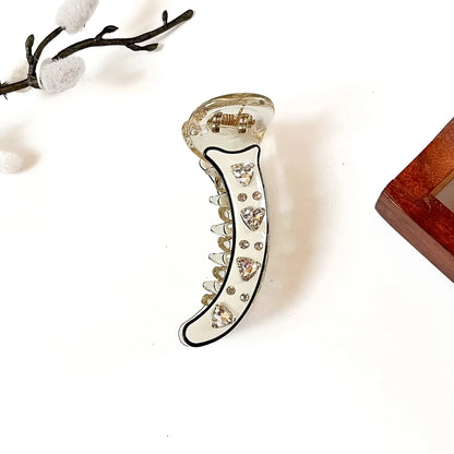 Ivory white banana clip with triangle crystal stones and black outline, 8 cm stone banana clip for medium hair