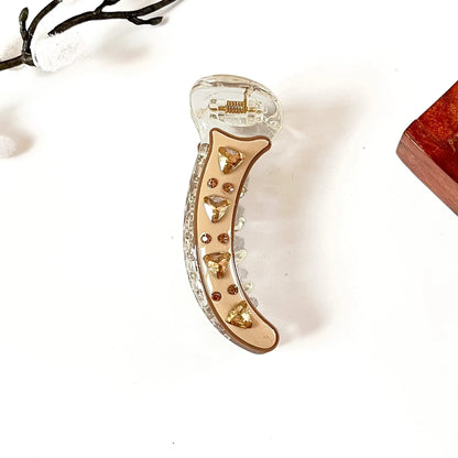 Nude beige banana clip with golden crystal stones, 8 cm banana clutcher for office wear