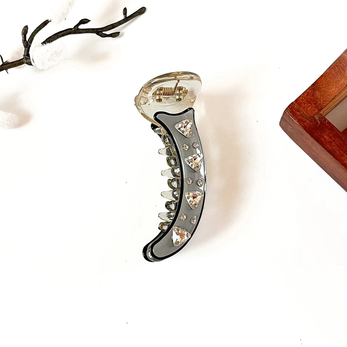 Slate grey banana clip with clear crystal stones, 8 cm stylish banana clip for women