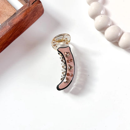 Pink minimal banana clip with faceted rose heart gem and rhinestone details, 5cm