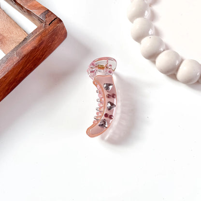 Pink minimal banana clip with faceted rose heart gem and rhinestone details, 5cm