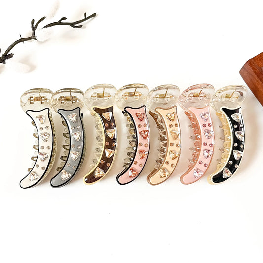 Minimal Gem 8 cm stone banana clips in ivory white, slate grey, cocoa brown, blush pink, nude beige, rose pink and noir black with triangle crystals