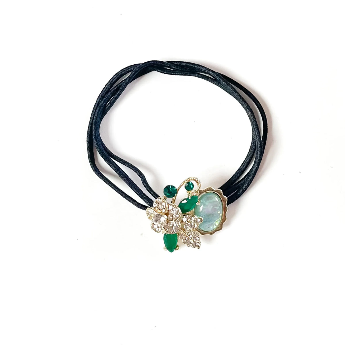 Mint green fancy hair rubber band with emerald crystals and mint opal stone, stylish ponytail holder