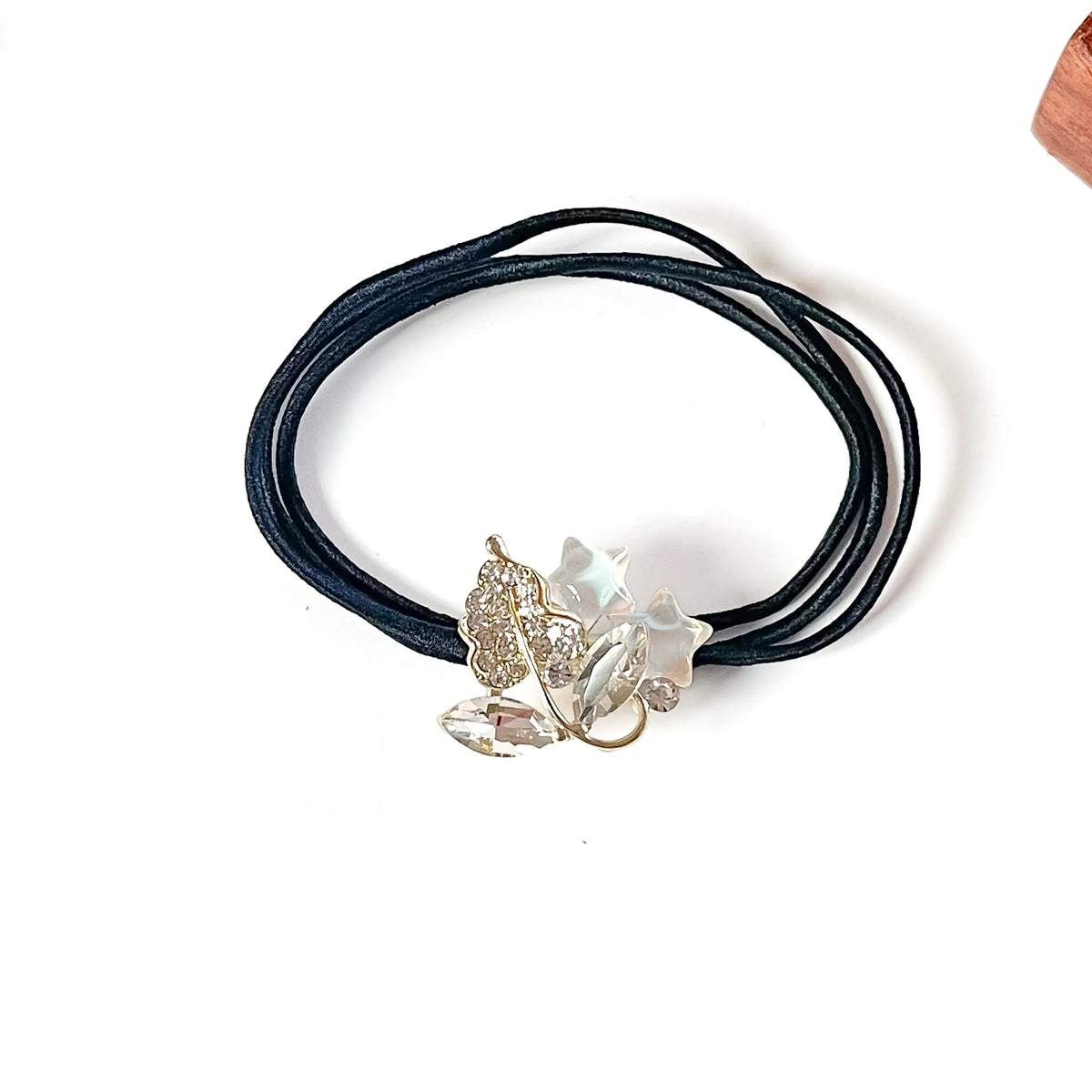Mist white fancy hair elastic with clear marquise crystals, rhinestone leaf and white star charms