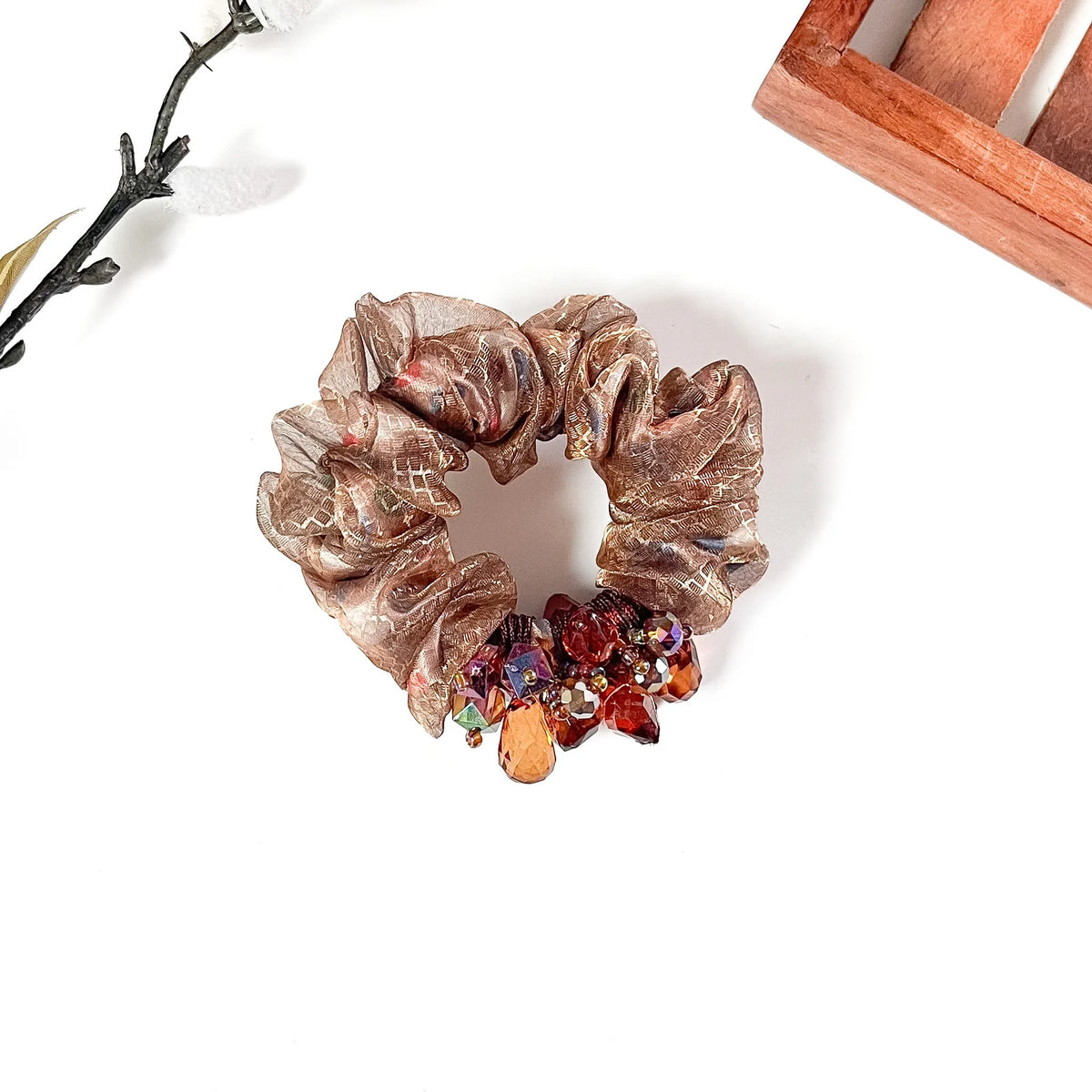 Mocha brown organza scrunchie with amber crystal charms