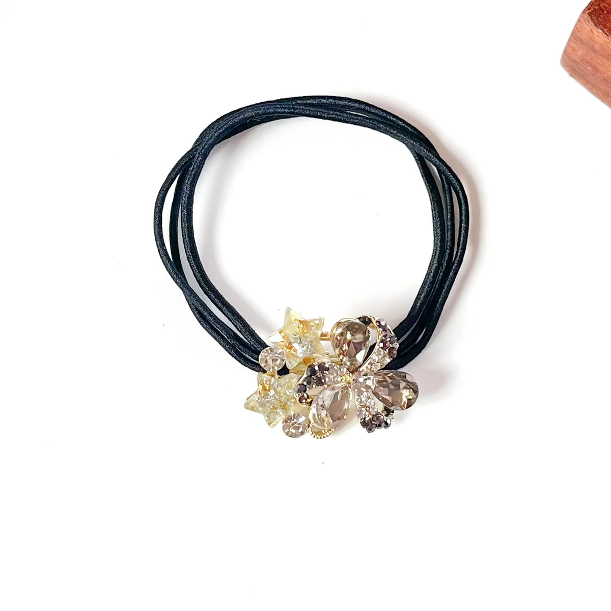 Mocha taupe fancy hair elastic with smoky crystal clover and cream glitter stars, crystal hair tie for women