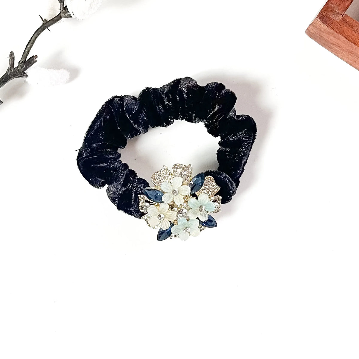 Black velvet hair scrunchie with navy blue crystals and flowers