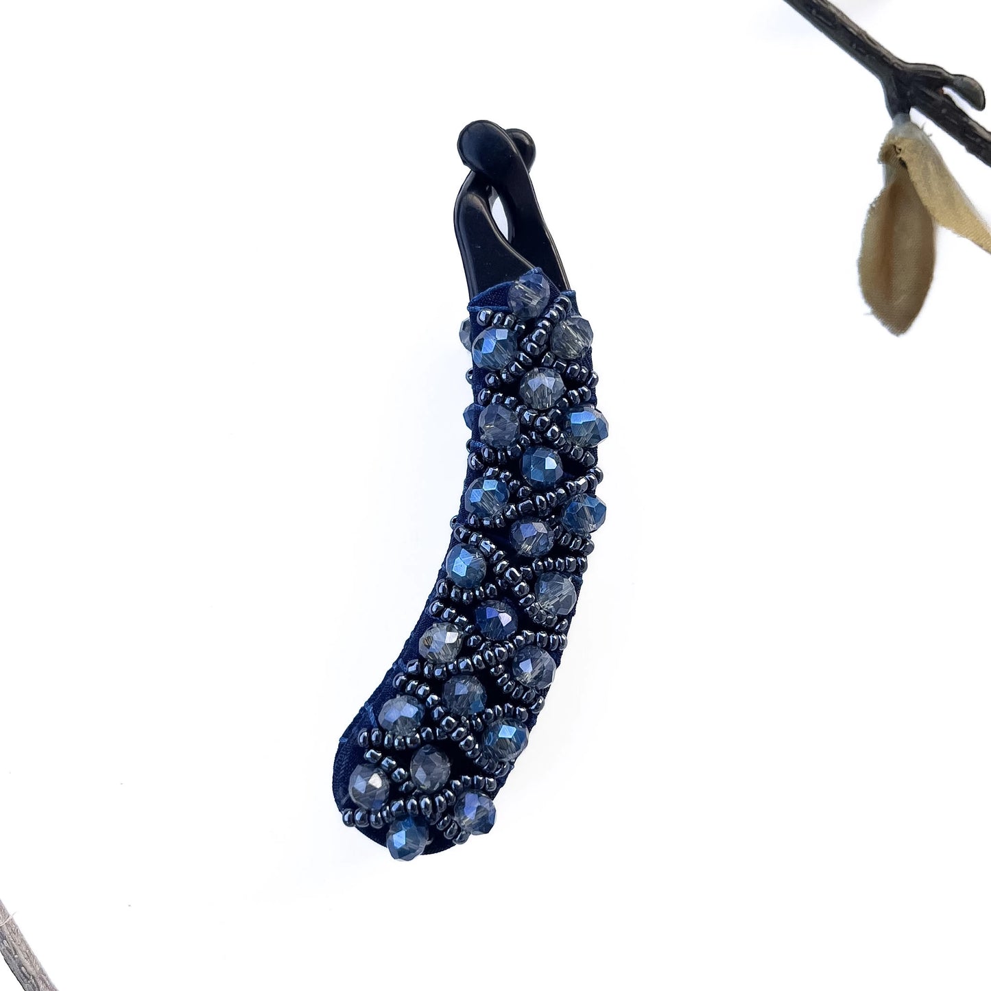 Elegant navy blue crystal banana clips with detailed bead embellishment