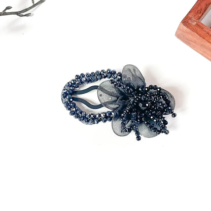 Noir black crystal tic tac hair clip with organza flower for weddings