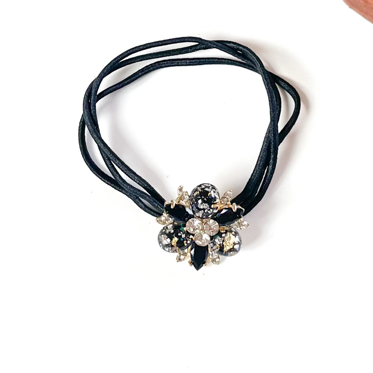 Noir black fancy rubber band for hair with black crystals and gold-flecked stones, rhinestone hair tie