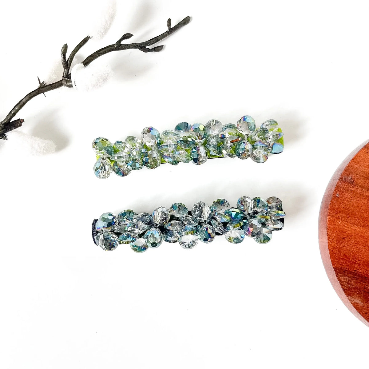 Northern Lights Barrette in navy blue and fern lime green, AB crystal hair clips for parties