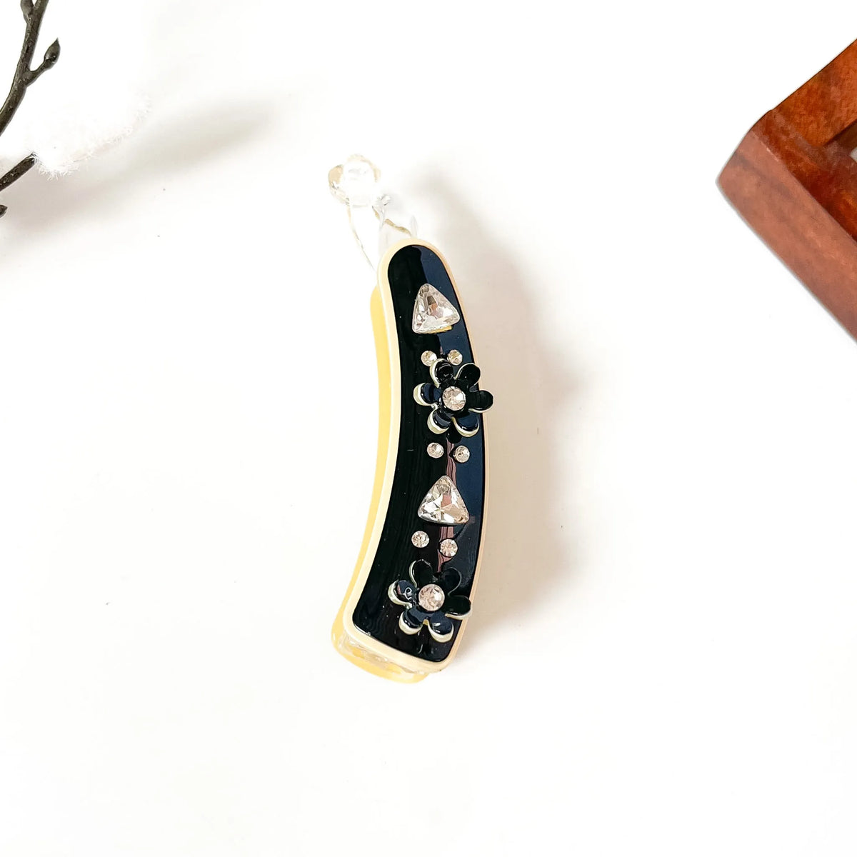 Black onyx jeweled blossom banana hair clip with silver crystals and white flower accents, large fancy banana clip