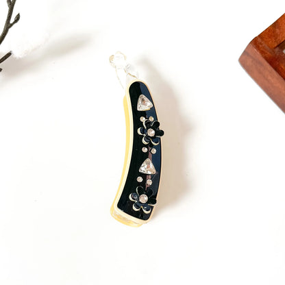Black onyx jeweled blossom banana hair clip with silver crystals and white flower accents, large fancy banana clip