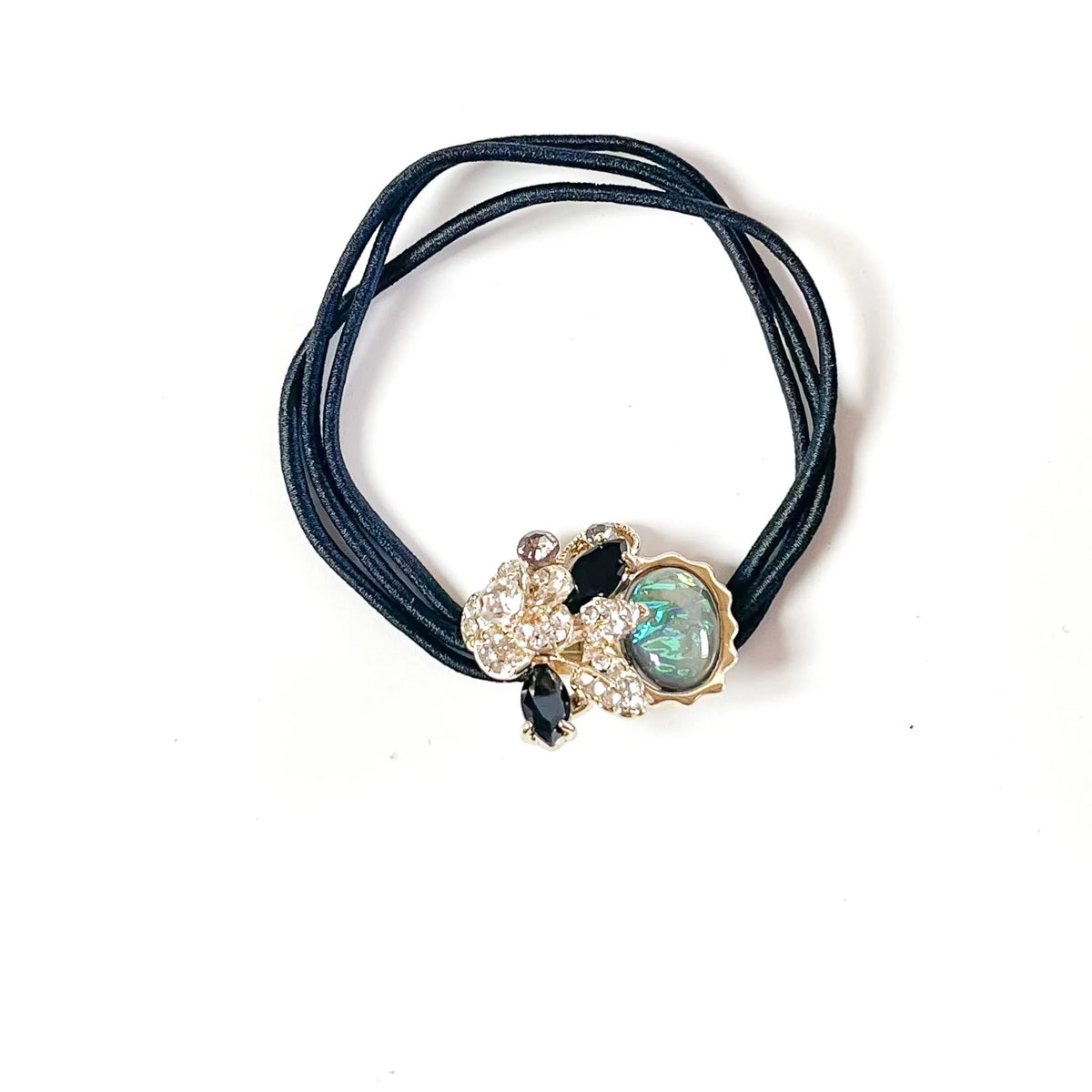 Onyx blue fancy rubber band for hair with blue crystals and teal abalone stone, jewelled hair elastic