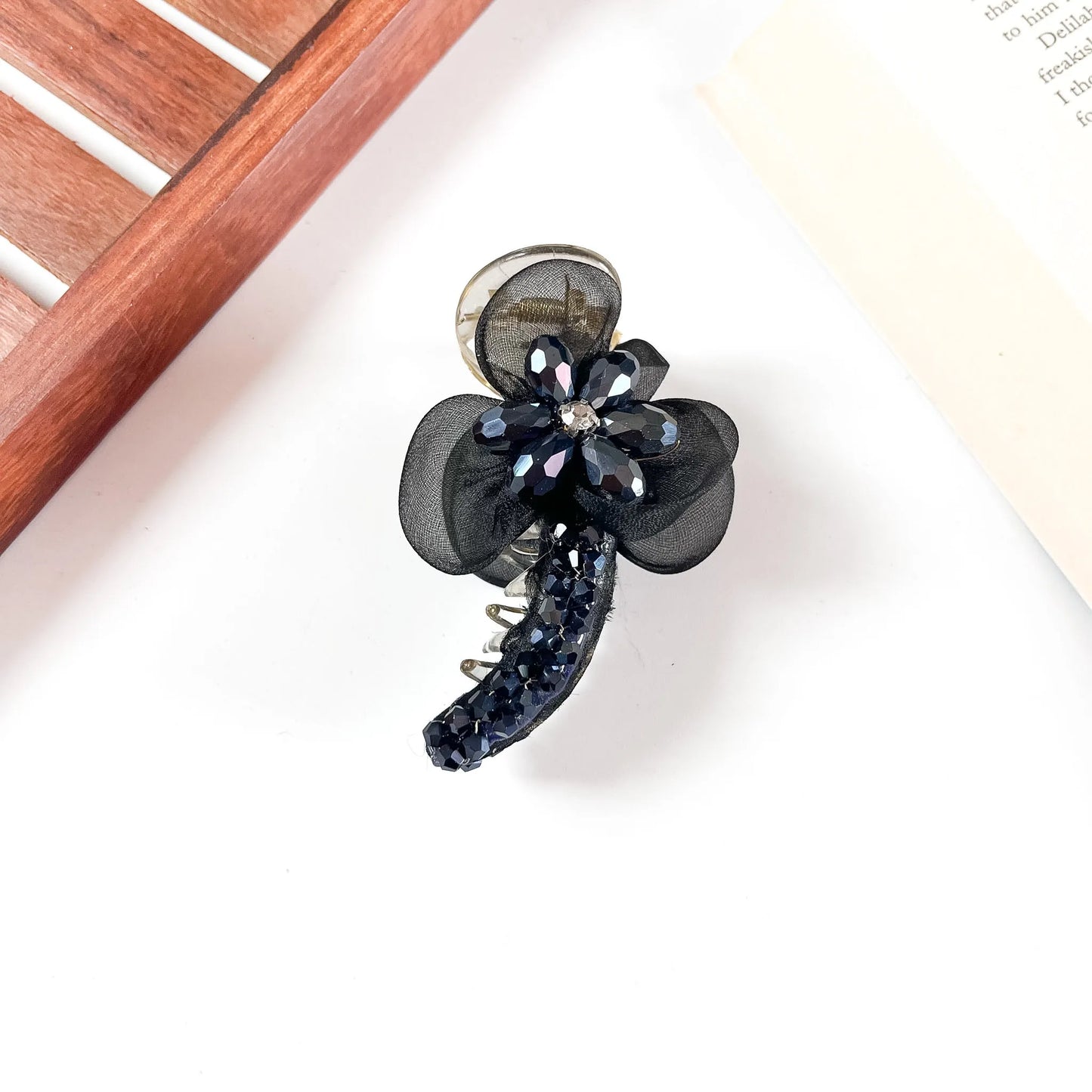 Black organza flower crystal banana clip for hair