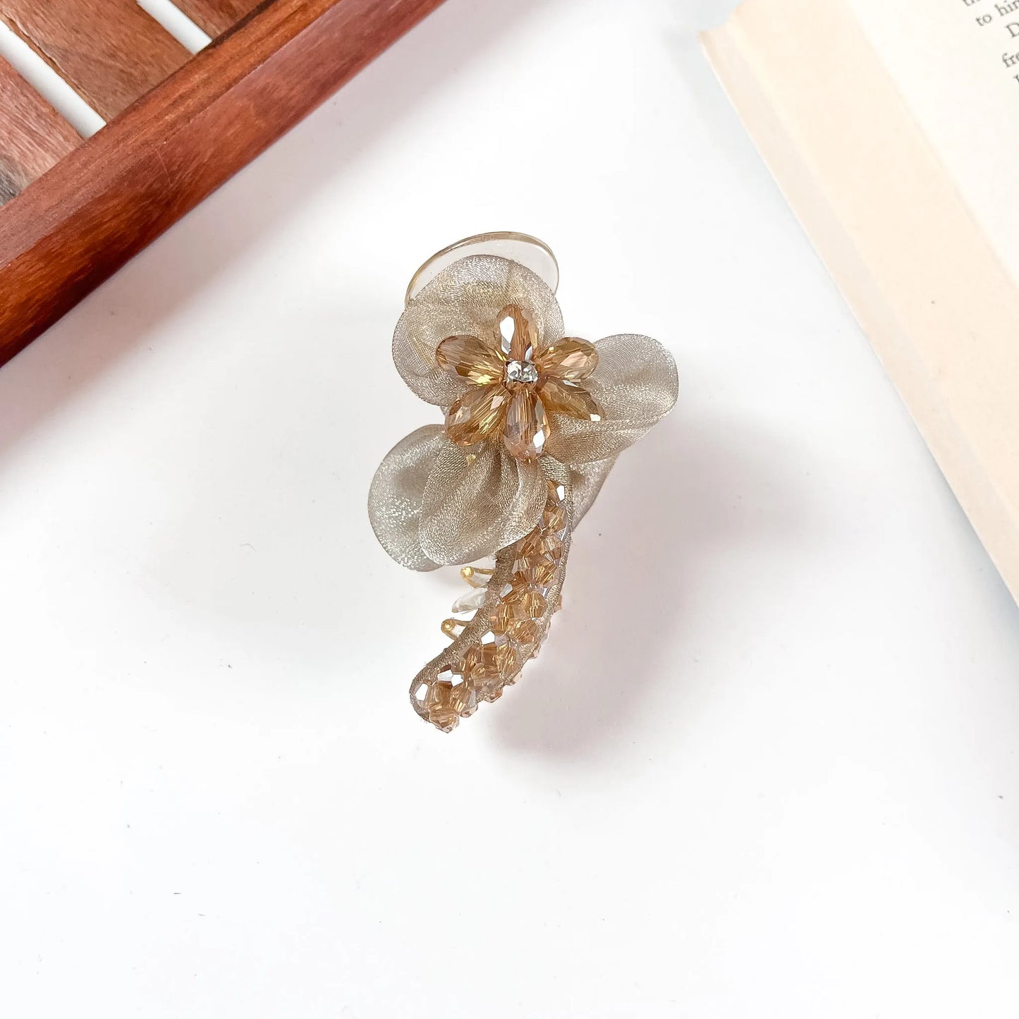 Champagne organza flower banana clip for hair
