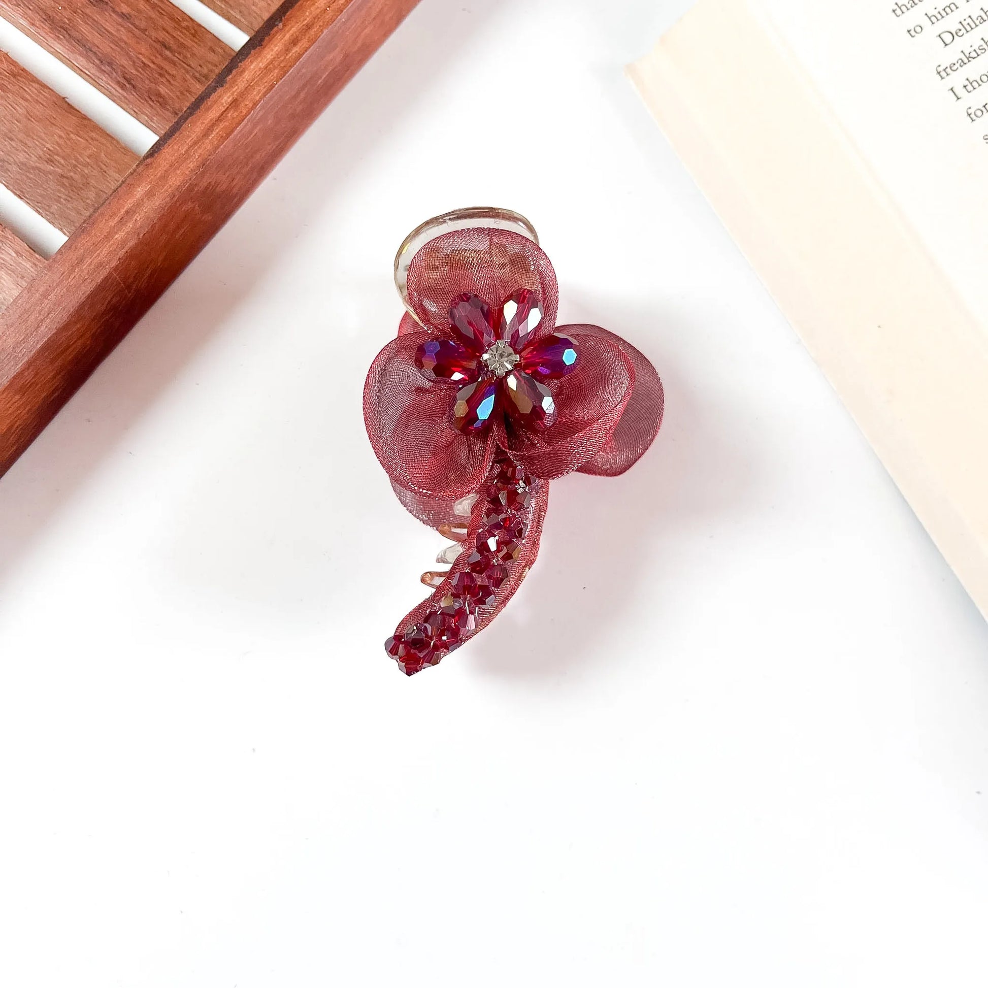 Maroon organza crystal banana clip for women
