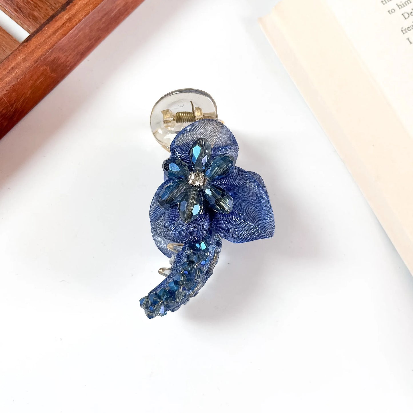 Navy organza bloom banana clip for women