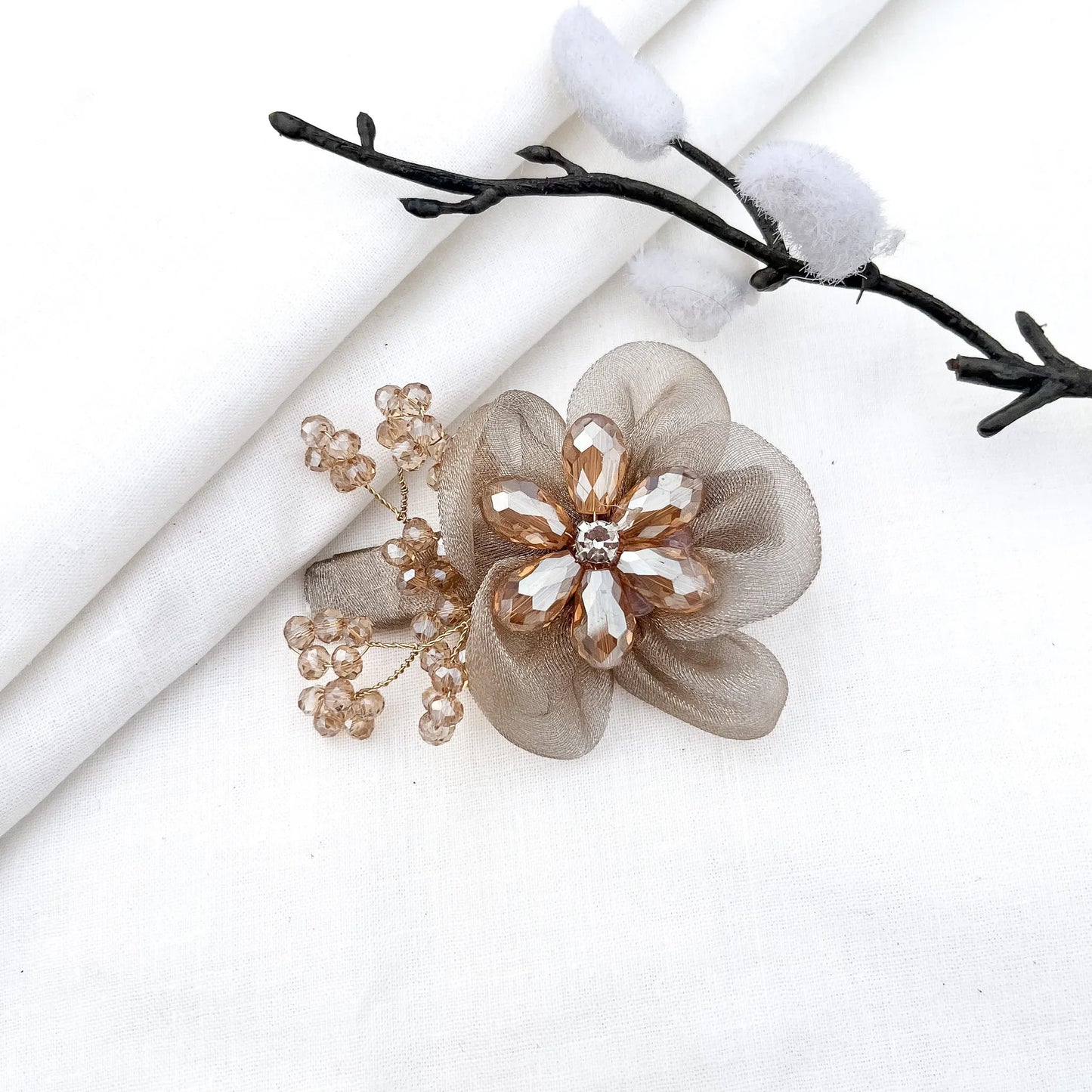 Champagne/gold ornate alligator clip with mesh petals, crystal flower center and beads