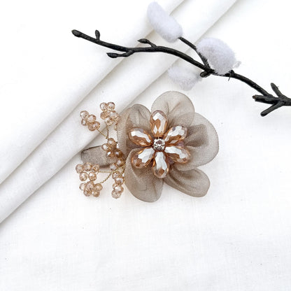 Champagne/gold ornate alligator clip with mesh petals, crystal flower center and beads