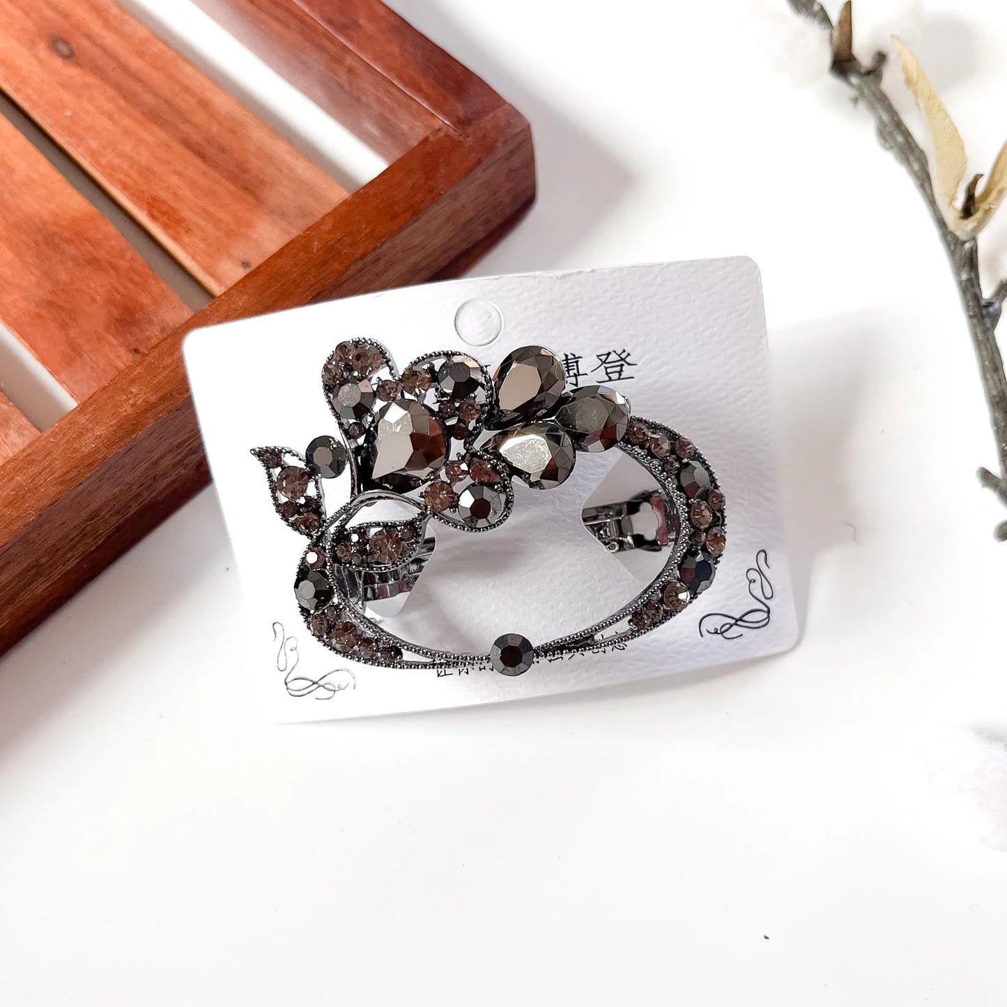 Gunmetal grey ornate crystal barrette fancy hair clip