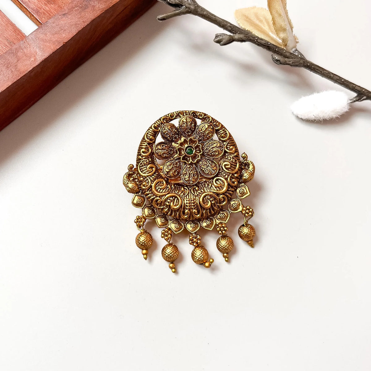 Emerald ornate mandala metal barrette with intricate filigree and dangling gold balls, 2.5cm