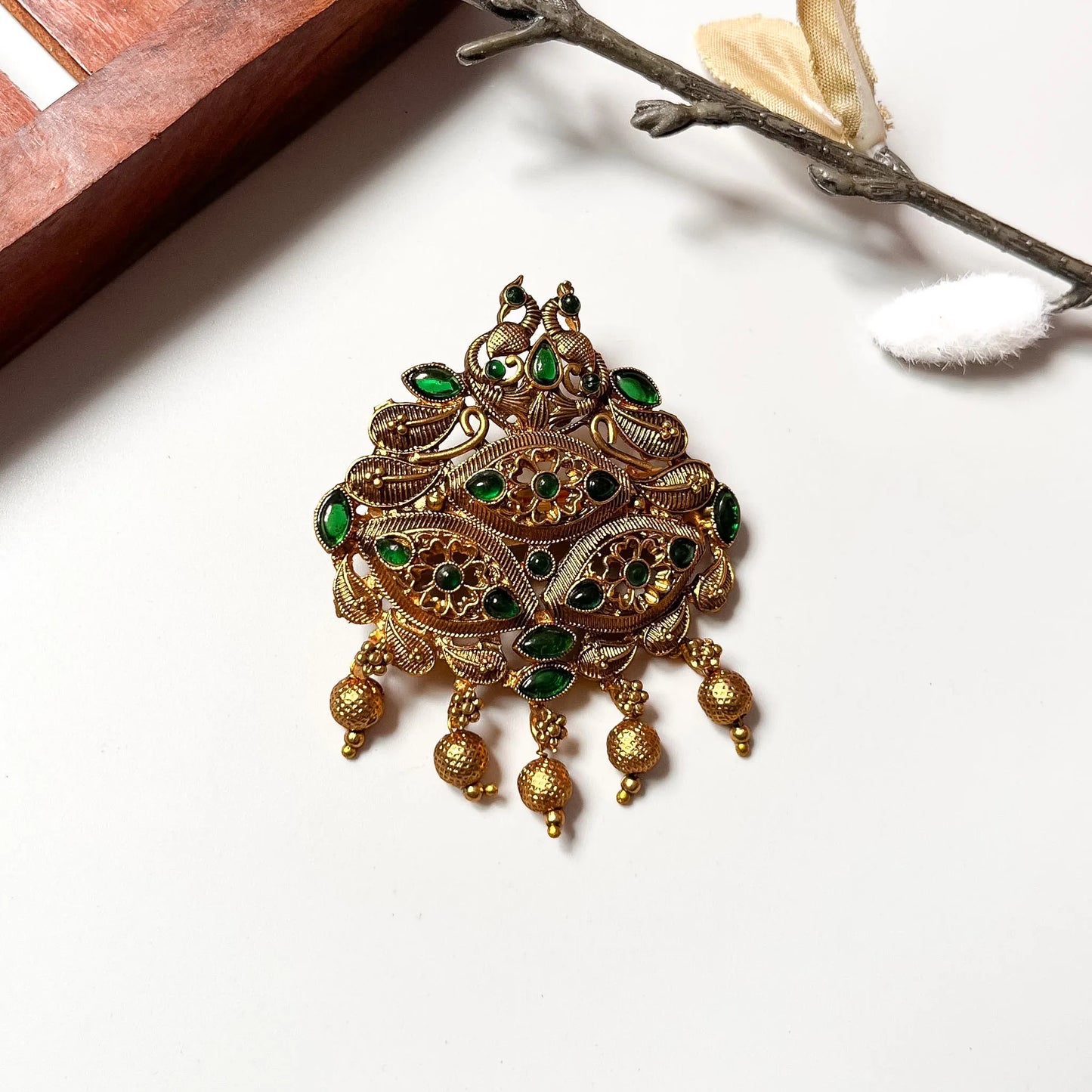 Antique gold peacock centre clip with emerald stone inlays, 2.5cm vintage barrette