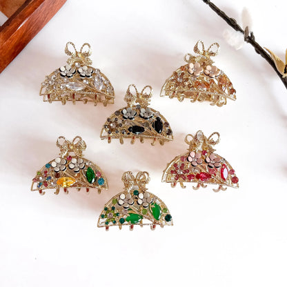 All 6 ornate pearl bow clips: ruby, sapphire, emerald, amber, crystal, rainbow with metal filigree