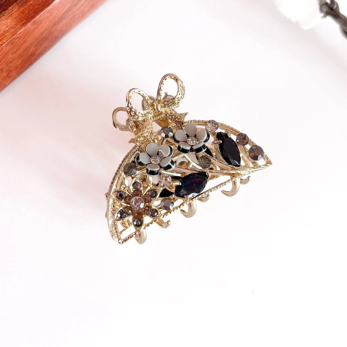 Onyx Black Ornate pearl bow metal barrette with hand-set gemstones, medium-thick ornate clip
