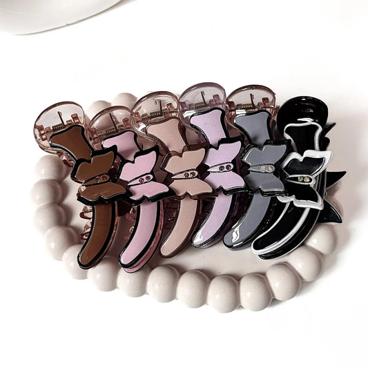 Papillon butterfly banana hair clips in brown, pink, lavender, grey and black white for thick hair
