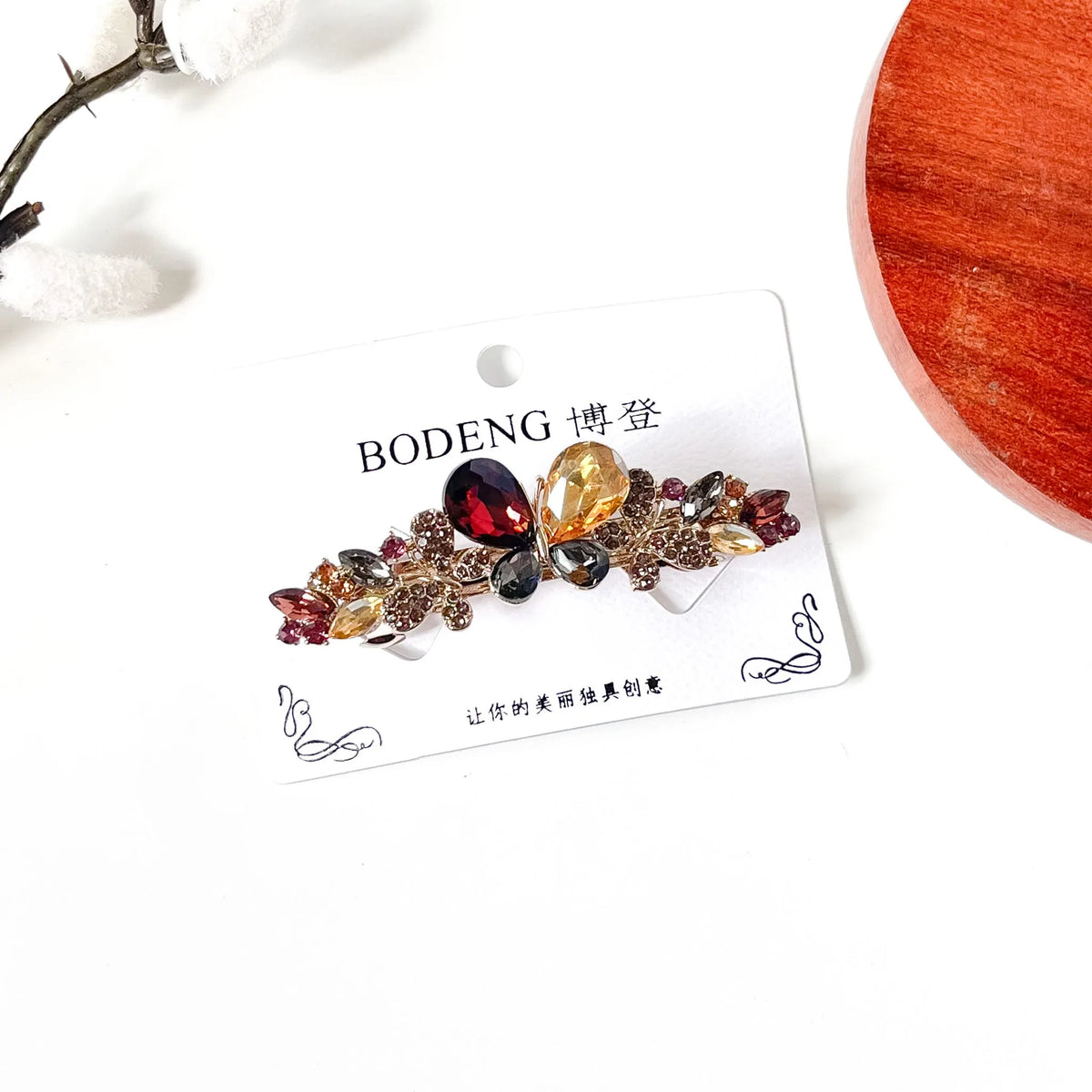 Harvest multicolour butterfly hair barrette with burgundy, champagne and grey crystal stones, a fancy side hair clip