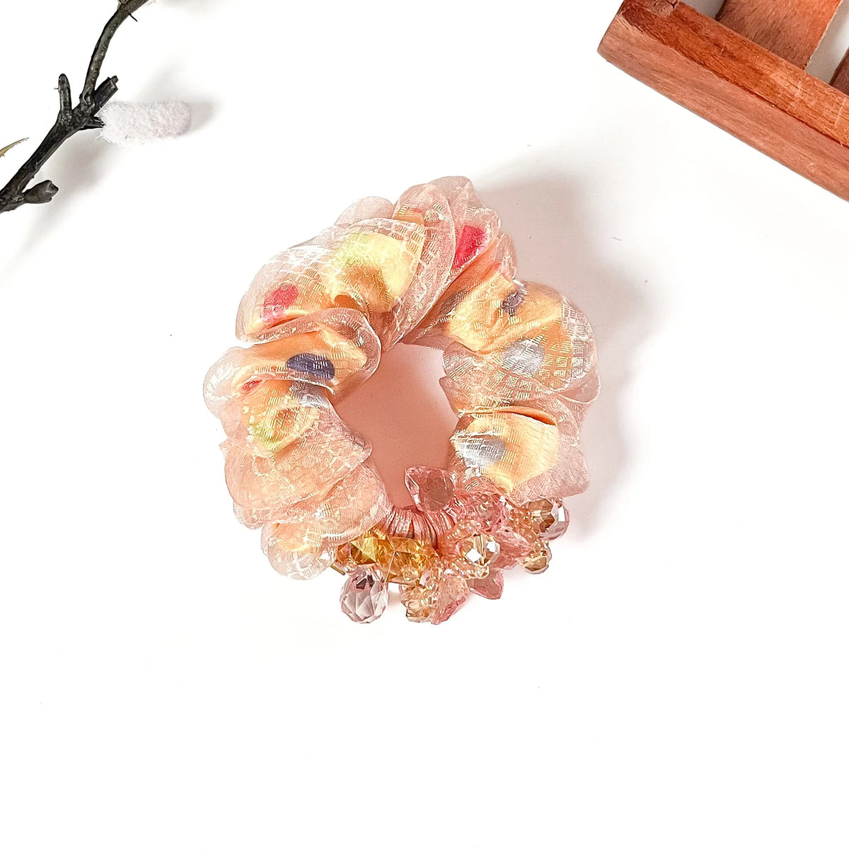 Peach orange printed scrunchie with pink crystal drops