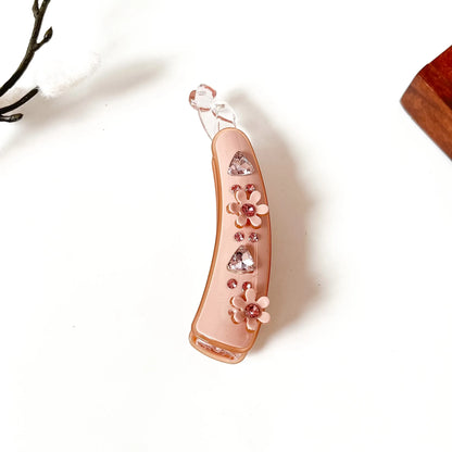Peach tan jeweled blossom banana clip with crystal rhinestones, white flowers, and copper gems, large size for thick hair