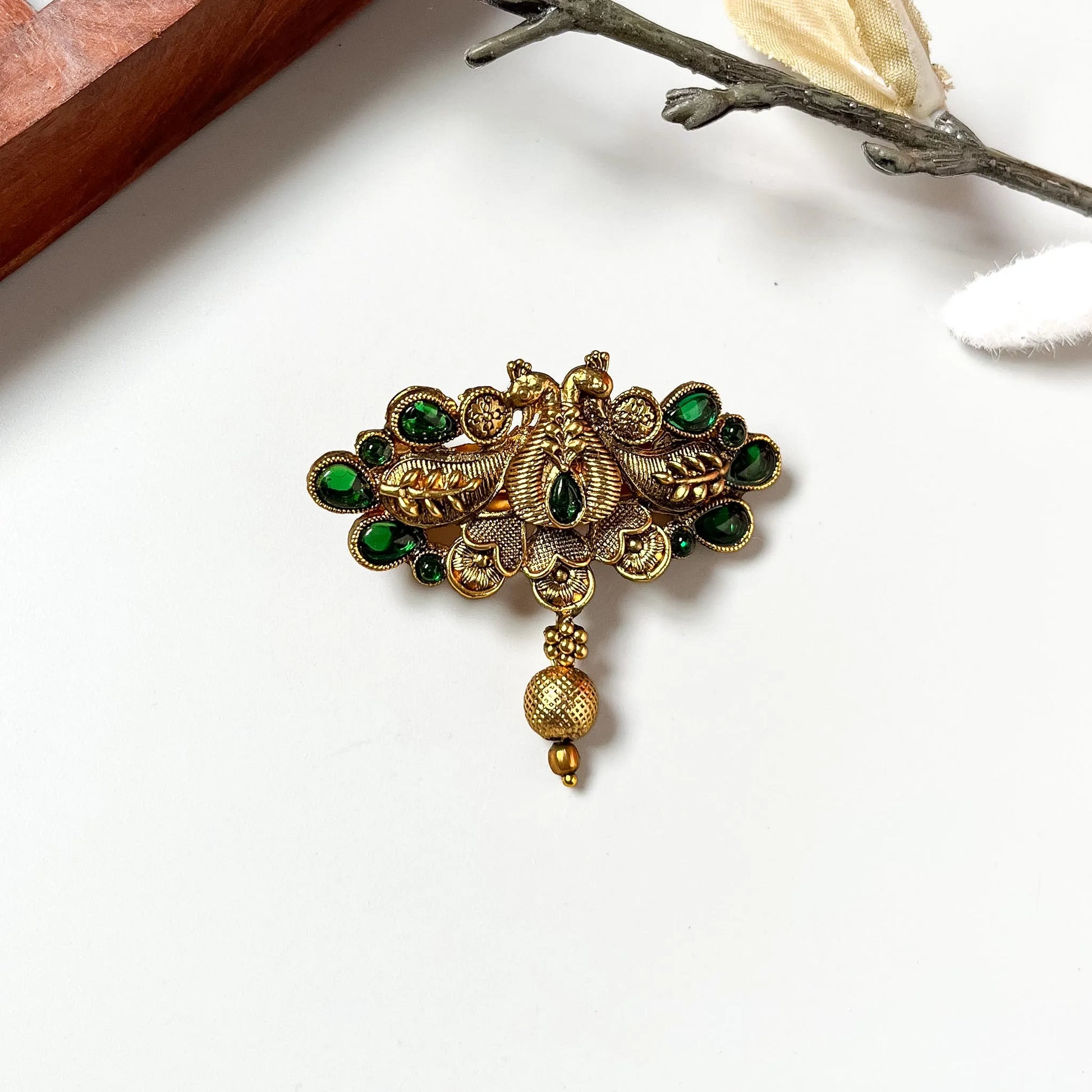Emerald gemstone peacock brooch clip with filigree wings and dangling bead, vintage 2.5cm barrette