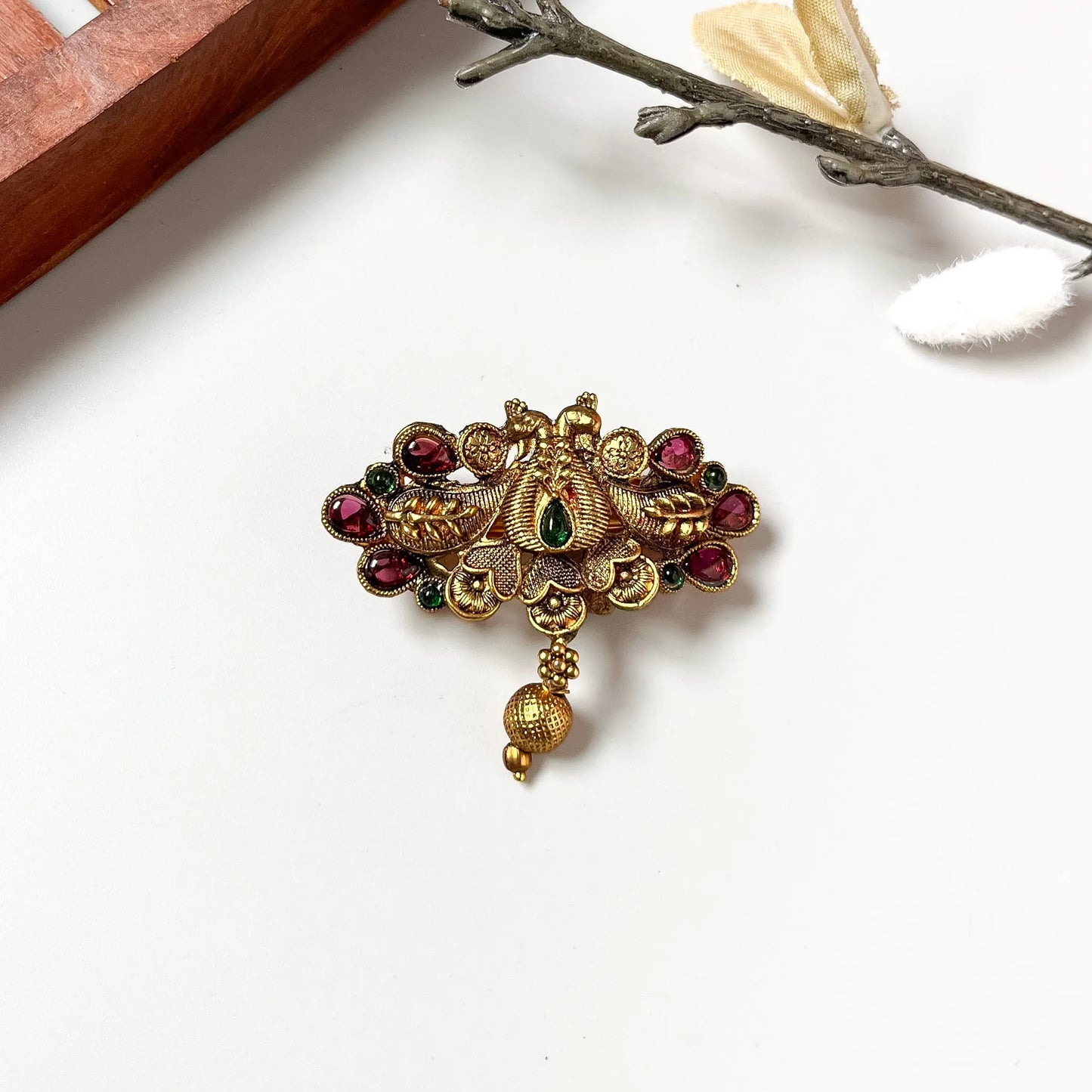 Dual peacock brooch centre clip with mixed ruby and emerald stones, hanging brass bead, antique gold 2.5cm