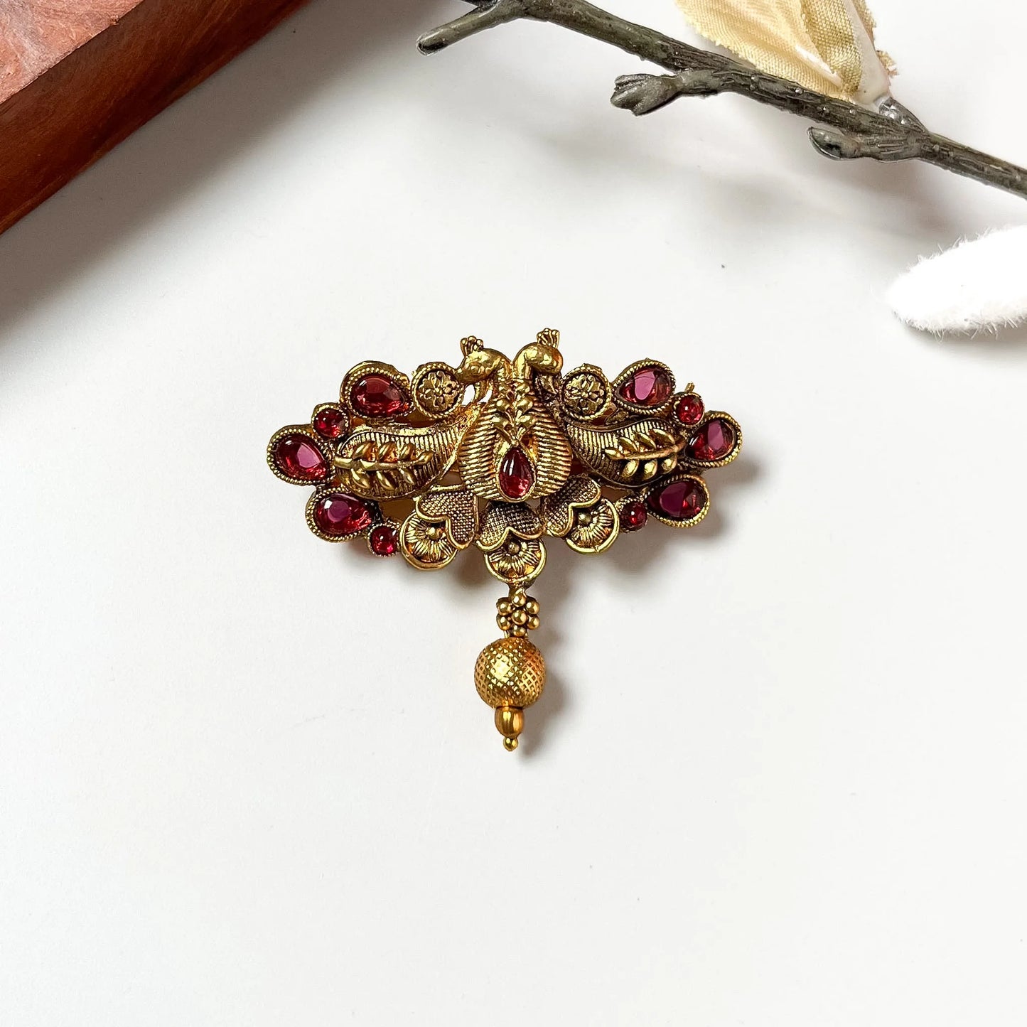 Ruby red peacock brooch centre clip with hanging textured bead, antique gold filigree, 2.5cm decorative