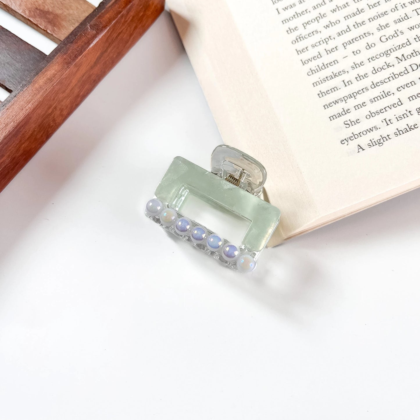 Sage green pearl bead mini claw clip for hair