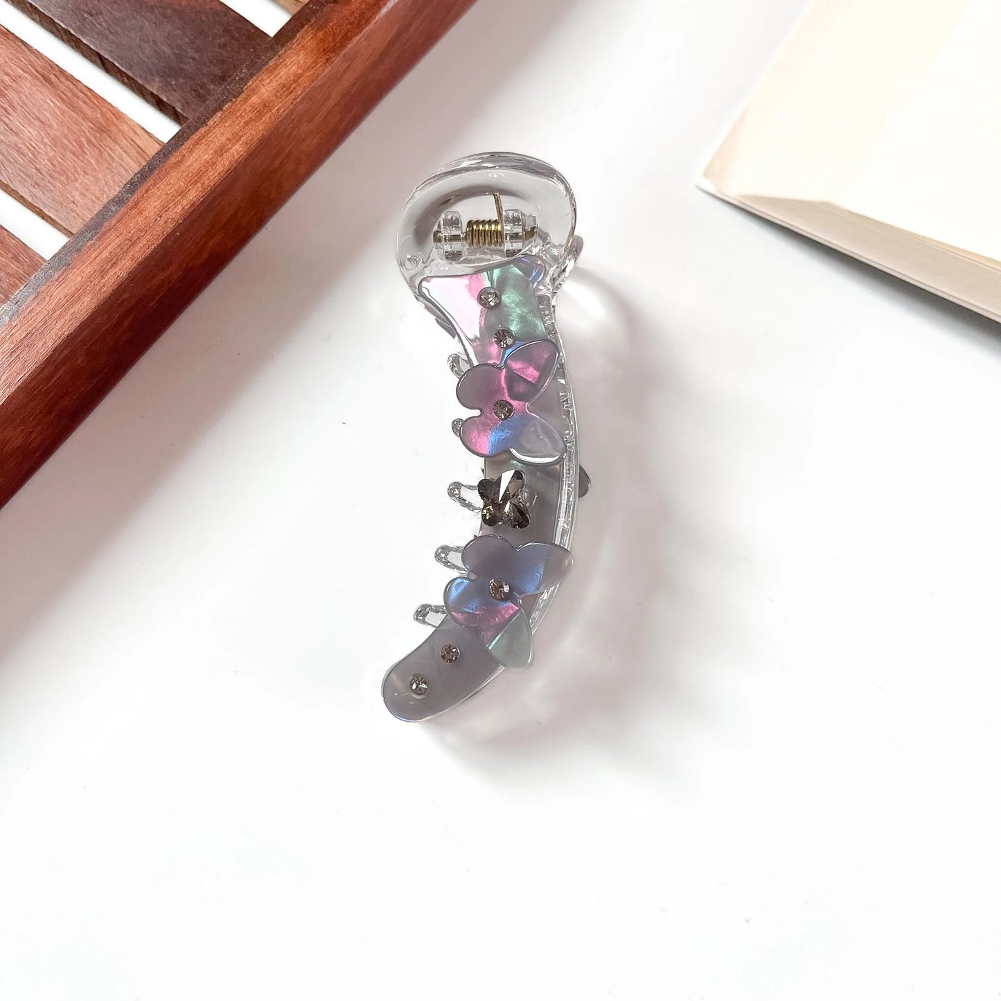 Aurora iridescent banana clip with crystal butterfly centre