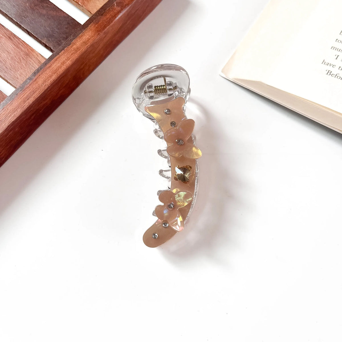 Brown banana clip with 3D flower charms for women