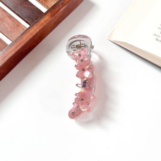 Rose taupe banana clip with 3D flower charms for women